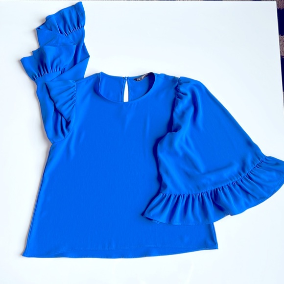 Zara royal blue blouse with gorgeous feminine bell sleeves with ruffle - Picture 6 of 12